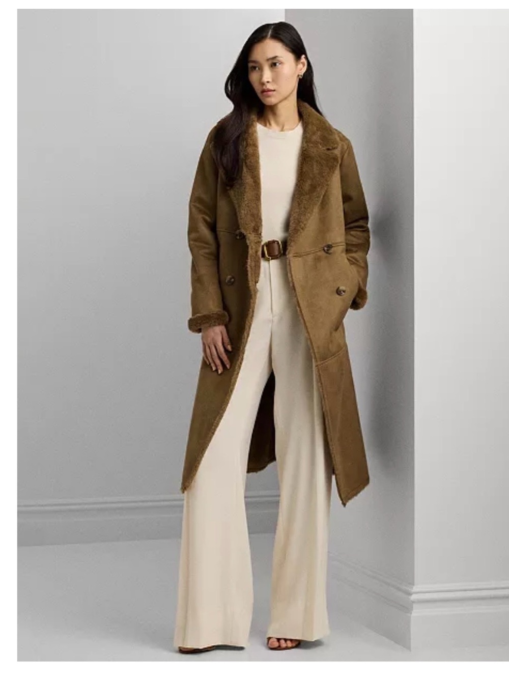 Lauren Ralph Lauren Long Faux-Shearling Trench Coat in Brown